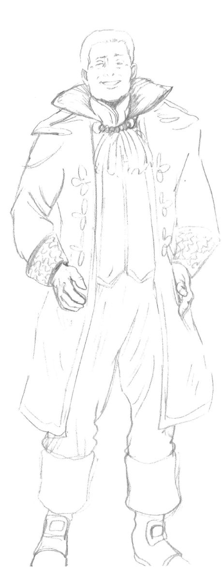 Naldeen Drogan with a smile on his face wearing an ornate great coat with a high collar and a fancy vest.